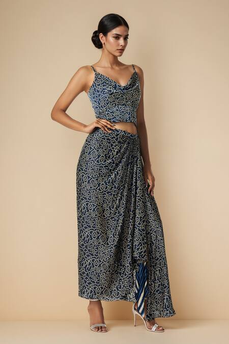 Gulabo By Abu Sandeep_Blue Modal Satin Print Bandhani Cowl Neck Crop Blouse _Online_at_Aza_Fashions