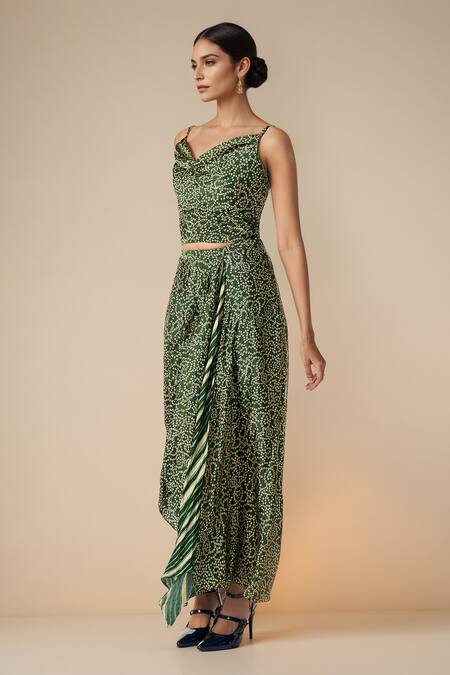 Gulabo By Abu Sandeep_Green Modal Satin Print Bandhani Cowl Neck Crop Blouse _Online_at_Aza_Fashions