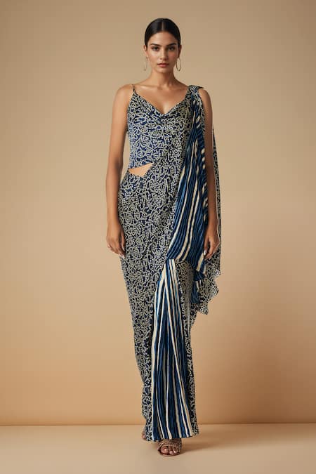 Gulabo By Abu Sandeep_Blue Modal, Satin Bandhani Bloom Print Pre-draped Saree _Online_at_Aza_Fashions