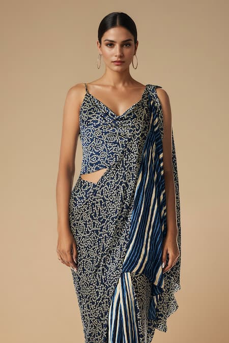 Buy_Gulabo By Abu Sandeep_Blue Modal, Satin Bandhani Bloom Print Pre-draped Saree _Online_at_Aza_Fashions