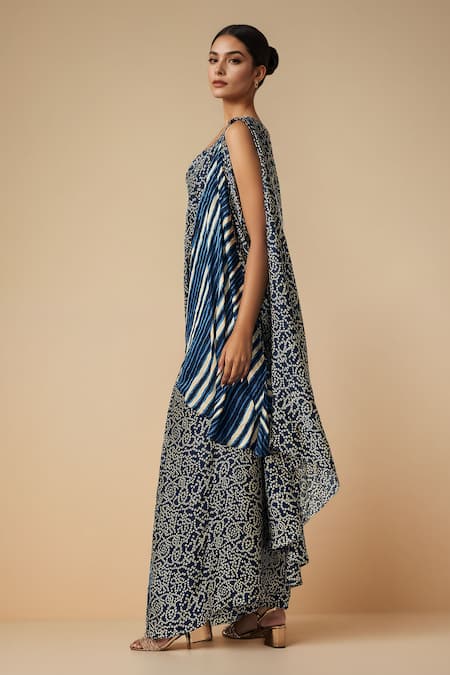 Shop_Gulabo By Abu Sandeep_Blue Modal, Satin Bandhani Bloom Print Pre-draped Saree _Online_at_Aza_Fashions