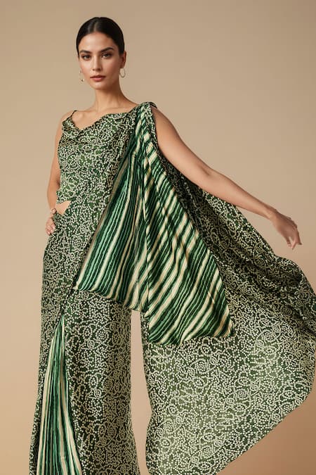 Gulabo By Abu Sandeep_Green Modal, Satin Bandhej Bloom Print Pre-draped Saree _Online_at_Aza_Fashions