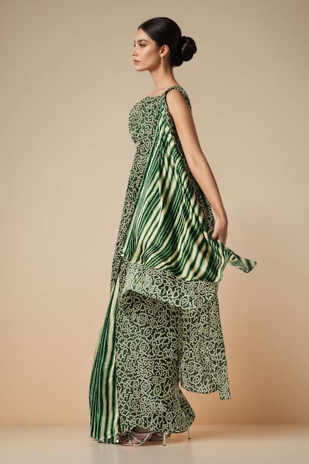 Buy_Gulabo By Abu Sandeep_Green Modal, Satin Bandhej Bloom Print Pre-draped Saree _Online_at_Aza_Fashions