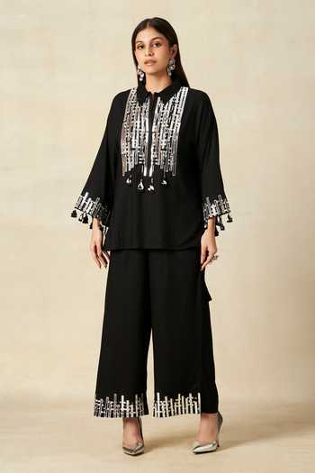 Gulabo By Abu Sandeep_Black Rayon Tassels, Embroidery Collared Geometric Pattern Shirt With Pant _Online_at_Aza_Fashions