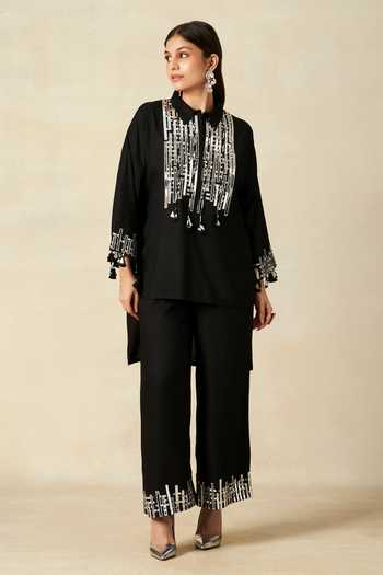 Buy_Gulabo By Abu Sandeep_Black Rayon Tassels, Embroidery Collared Geometric Pattern Shirt With Pant _Online_at_Aza_Fashions