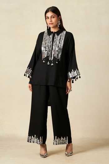 Shop_Gulabo By Abu Sandeep_Black Rayon Tassels, Embroidery Collared Geometric Pattern Shirt With Pant _Online_at_Aza_Fashions
