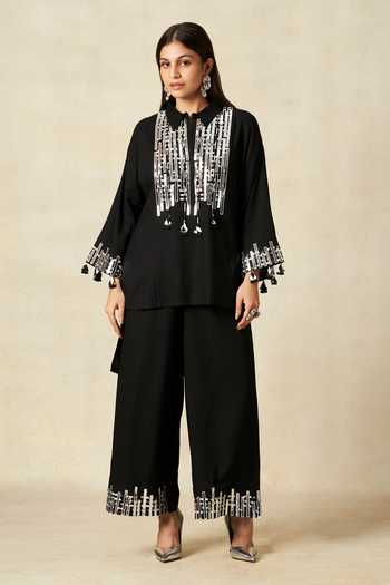 Gulabo By Abu Sandeep_Black Rayon Tassels, Embroidery Collared Geometric Pattern Shirt With Pant _at_Aza_Fashions