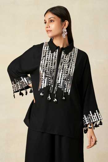 Buy_Gulabo By Abu Sandeep_Black Rayon Tassels, Embroidery Collared Geometric Pattern Shirt With Pant 