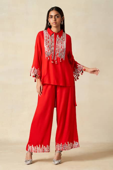 Gulabo By Abu Sandeep_Red Rayon Tassels, Embroidery Collared Geometric Shirt With Pant _Online_at_Aza_Fashions