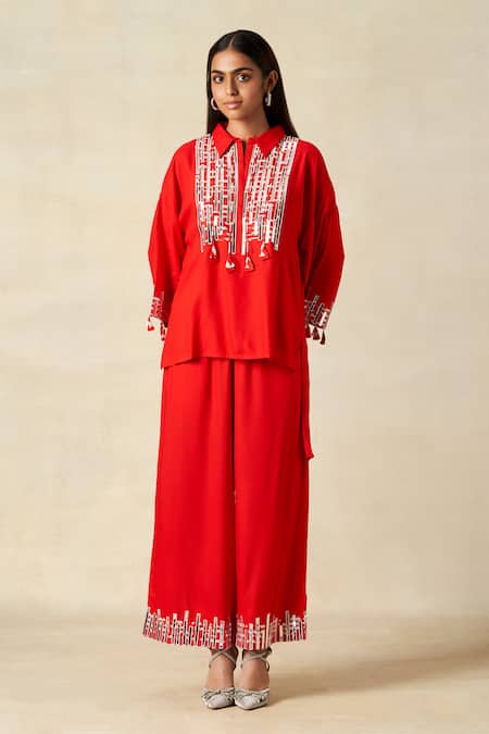 Buy_Gulabo By Abu Sandeep_Red Rayon Tassels, Embroidery Collared Geometric Shirt With Pant _Online_at_Aza_Fashions