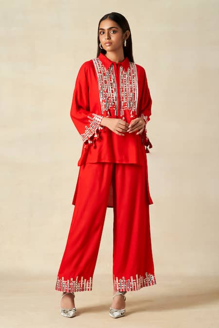 Shop_Gulabo By Abu Sandeep_Red Rayon Tassels, Embroidery Collared Geometric Shirt With Pant _Online_at_Aza_Fashions
