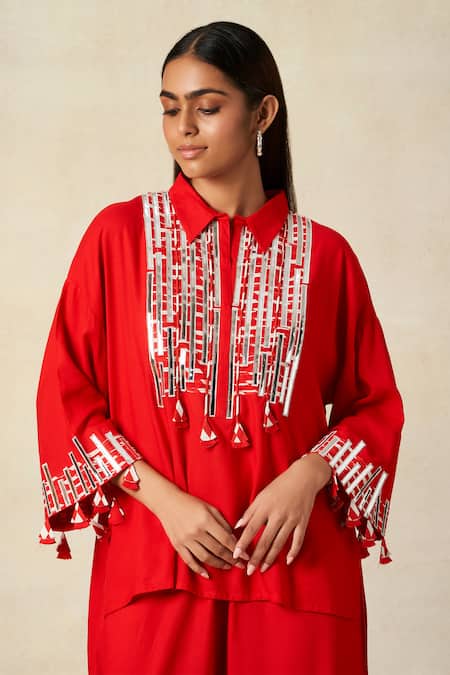 Gulabo By Abu Sandeep_Red Rayon Tassels, Embroidery Collared Geometric Shirt With Pant _at_Aza_Fashions