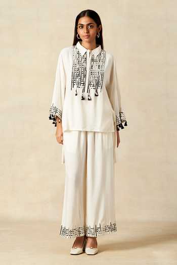 Gulabo By Abu Sandeep_Off White Rayon Metallic Thread, Embroidery Applique Work Shirt With Pant _Online_at_Aza_Fashions