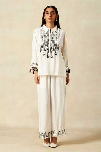 Buy_Gulabo By Abu Sandeep_Off White Rayon Metallic Thread, Embroidery Applique Work Shirt With Pant _Online_at_Aza_Fashions