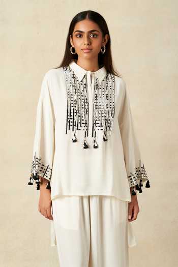 Gulabo By Abu Sandeep_Off White Rayon Metallic Thread, Embroidery Applique Work Shirt With Pant _at_Aza_Fashions