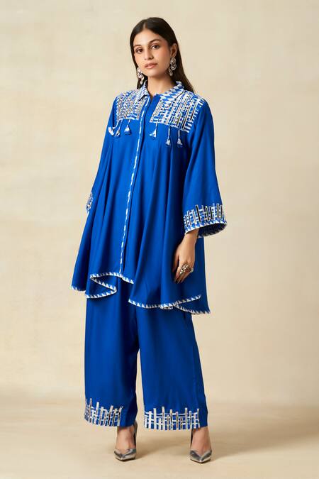 Gulabo By Abu Sandeep_Blue Rayon Tassels, Embroidery Collared Geometric Yoke Tunic With Pant _Online_at_Aza_Fashions