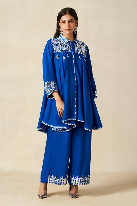 Buy_Gulabo By Abu Sandeep_Blue Rayon Tassels, Embroidery Collared Geometric Yoke Tunic With Pant _Online_at_Aza_Fashions