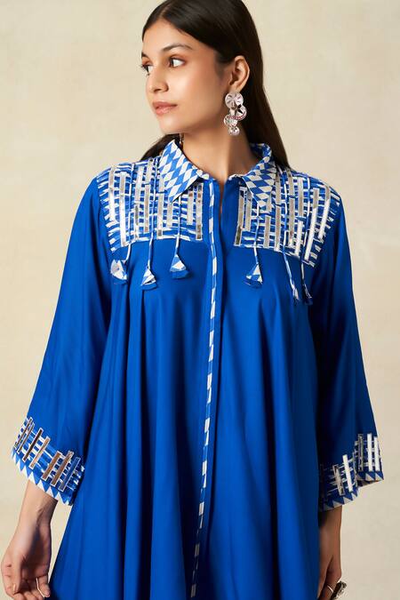 Gulabo By Abu Sandeep_Blue Rayon Tassels, Embroidery Collared Geometric Yoke Tunic With Pant _at_Aza_Fashions