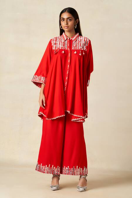 Gulabo By Abu Sandeep_Red Rayon Tassels, Embroidery Collared Geometric Tunic With Pant _Online_at_Aza_Fashions