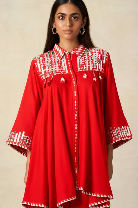 Gulabo By Abu Sandeep_Red Rayon Tassels, Embroidery Collared Geometric Tunic With Pant _at_Aza_Fashions