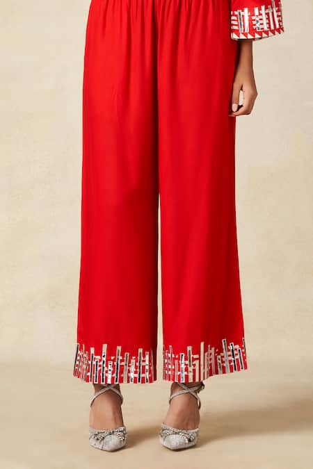 Buy_Gulabo By Abu Sandeep_Red Rayon Tassels, Embroidery Collared Geometric Tunic With Pant 