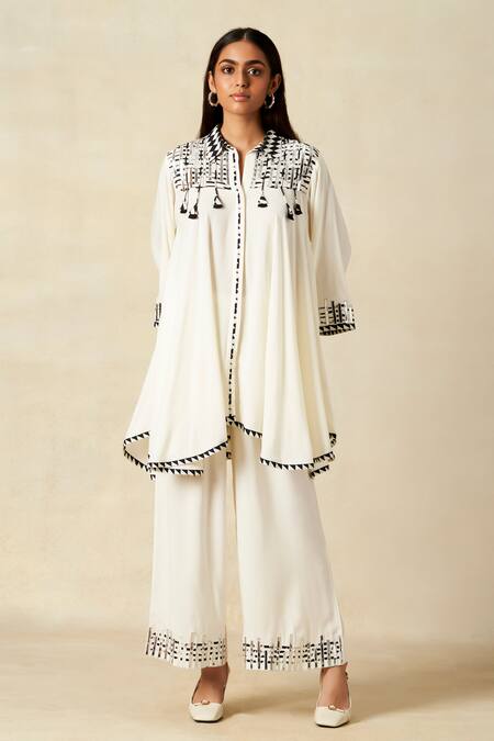 Buy_Gulabo By Abu Sandeep_Off White Rayon Tassels, Embroidery Metallic Applique Work Tunic With Pant _Online_at_Aza_Fashions