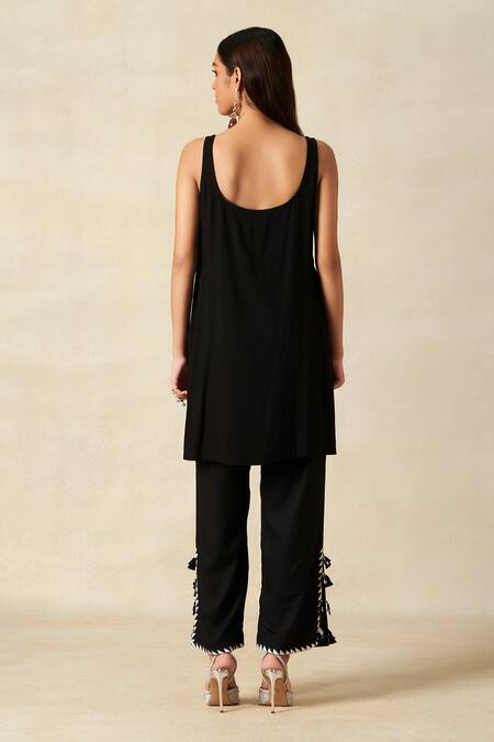 Gulabo By Abu Sandeep_Black Rayon Metallic Thread Scoop Neck Applique Work Coat With Tunic _Online_at_Aza_Fashions