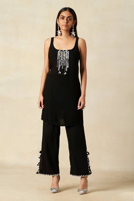 Buy_Gulabo By Abu Sandeep_Black Rayon Metallic Thread Scoop Neck Applique Work Coat With Tunic _Online_at_Aza_Fashions