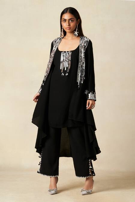 Shop_Gulabo By Abu Sandeep_Black Rayon Metallic Thread Scoop Neck Applique Work Coat With Tunic _Online_at_Aza_Fashions