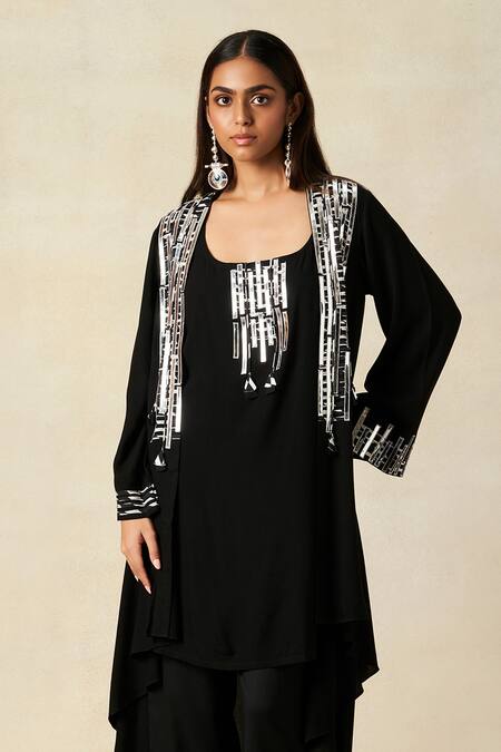 Gulabo By Abu Sandeep_Black Rayon Metallic Thread Scoop Neck Applique Work Coat With Tunic _at_Aza_Fashions