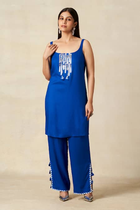 Gulabo By Abu Sandeep_Blue Rayon Embroidery, Metallic Thread Scoop Neck Applique Coat With Tunic _Online_at_Aza_Fashions