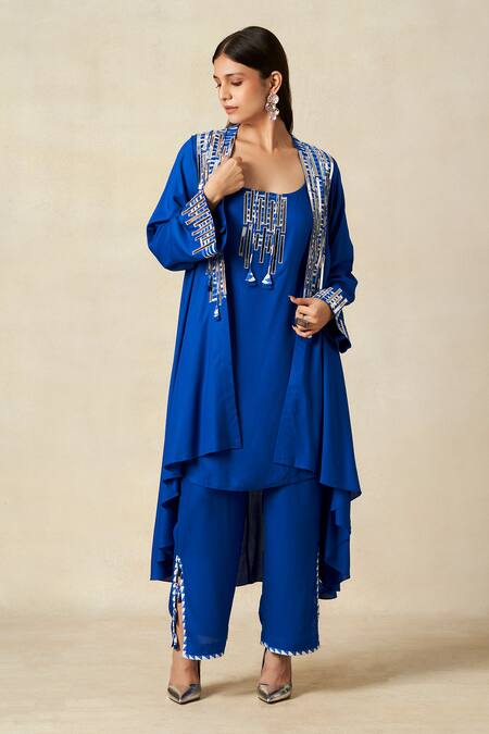 Buy_Gulabo By Abu Sandeep_Blue Rayon Embroidery, Metallic Thread Scoop Neck Applique Coat With Tunic _Online_at_Aza_Fashions