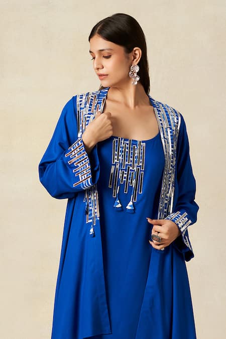 Shop_Gulabo By Abu Sandeep_Blue Rayon Embroidery, Metallic Thread Scoop Neck Applique Coat With Tunic _Online_at_Aza_Fashions
