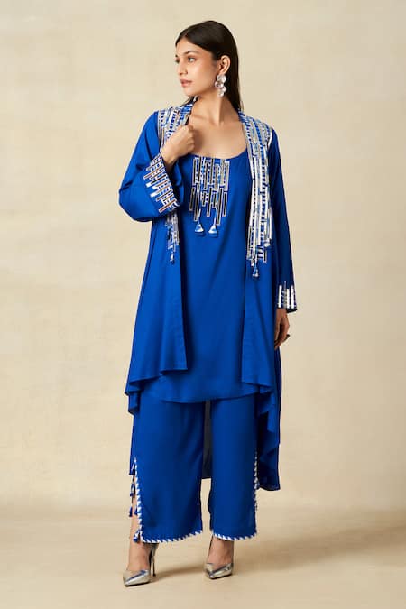 Gulabo By Abu Sandeep_Blue Rayon Embroidery, Metallic Thread Scoop Neck Applique Coat With Tunic _at_Aza_Fashions