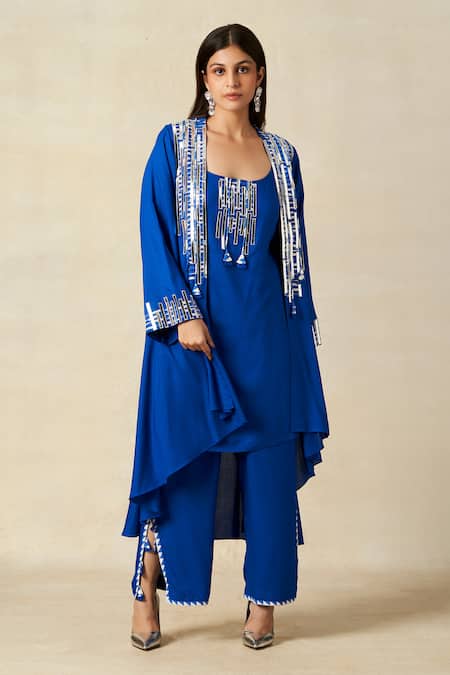 Buy_Gulabo By Abu Sandeep_Blue Rayon Embroidery, Metallic Thread Scoop Neck Applique Coat With Tunic 