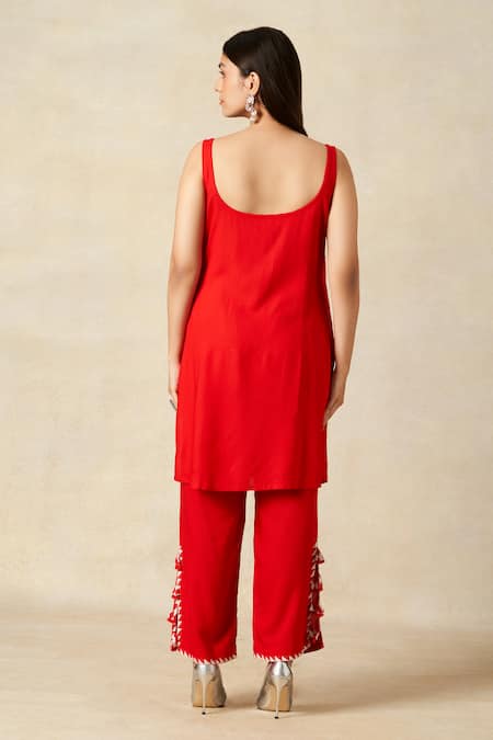 Shop Gulabo By Abu Sandeep Red Rayon Metallic Thread, Applique Open Geometric Embroidered Coat With Tunic at Aza Fashions Shop_Gulabo By Abu Sandeep_Red Rayon Metallic Thread, Applique Open Geometric Embroidered Coat With Tunic _at_Aza_Fashions