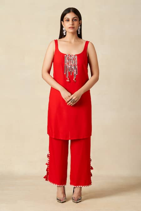 Gulabo By Abu Sandeep Red Rayon Metallic Thread, Applique Open Geometric Embroidered Coat With Tunic Online at Aza Fashions Gulabo By Abu Sandeep_Red Rayon Metallic Thread, Applique Open Geometric Embroidered Coat With Tunic _Online_at_Aza_Fashions