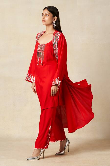 Buy Gulabo By Abu Sandeep Red Rayon Metallic Thread, Applique Open Geometric Embroidered Coat With Tunic Online at Aza Fashions Buy_Gulabo By Abu Sandeep_Red Rayon Metallic Thread, Applique Open Geometric Embroidered Coat With Tunic _Online_at_Aza_Fashions