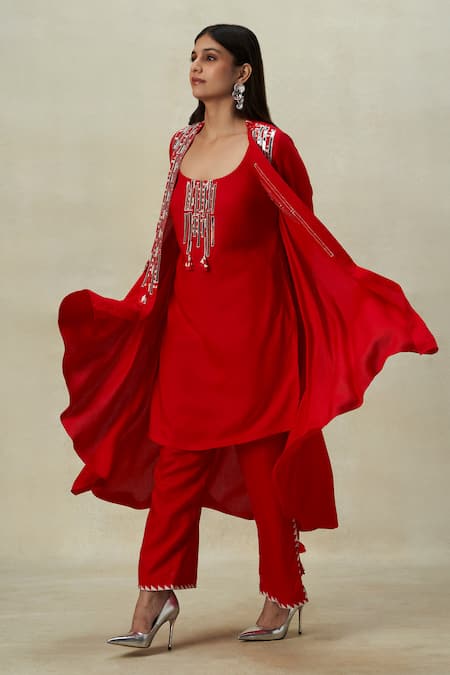 Shop Gulabo By Abu Sandeep Red Rayon Metallic Thread, Applique Open Geometric Embroidered Coat With Tunic Online at Aza Fashions Shop_Gulabo By Abu Sandeep_Red Rayon Metallic Thread, Applique Open Geometric Embroidered Coat With Tunic _Online_at_Aza_Fashions