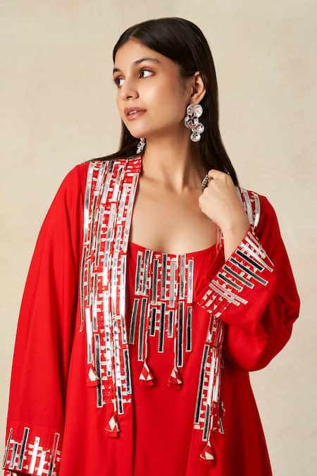 Gulabo By Abu Sandeep Red Rayon Metallic Thread, Applique Open Geometric Embroidered Coat With Tunic at Aza Fashions Gulabo By Abu Sandeep_Red Rayon Metallic Thread, Applique Open Geometric Embroidered Coat With Tunic _at_Aza_Fashions