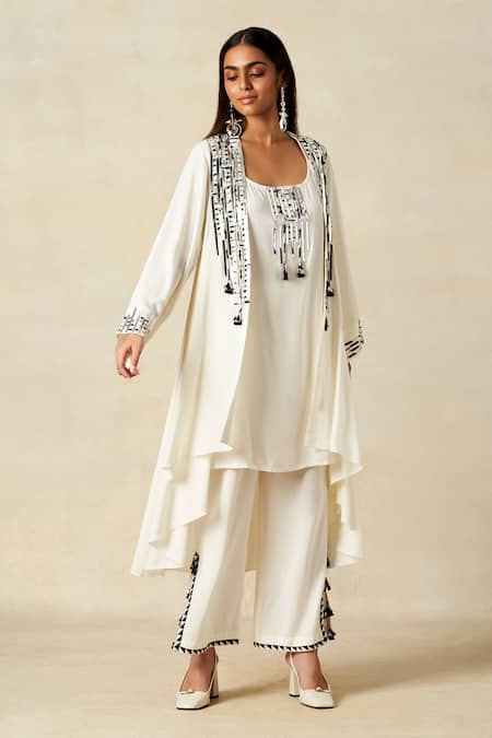 Buy_Gulabo By Abu Sandeep_Off White Rayon Metallic Thread Geometric Pattern Embroidered Coat With Tunic _Online_at_Aza_Fashions