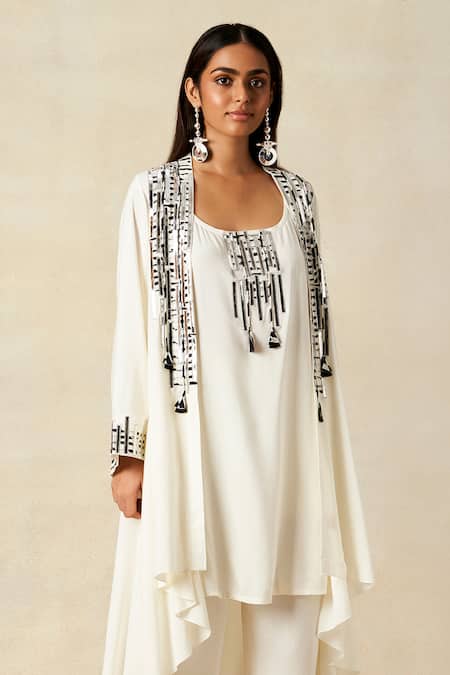 Shop_Gulabo By Abu Sandeep_Off White Rayon Metallic Thread Geometric Pattern Embroidered Coat With Tunic _Online_at_Aza_Fashions