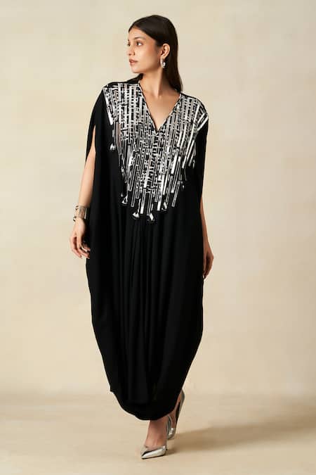 Buy_Gulabo By Abu Sandeep_Black Rayon Embroidered Metallic Applique V-neck Geometric Pattern Kaftan _Online_at_Aza_Fashions