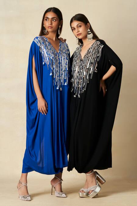 Gulabo By Abu Sandeep_Black Rayon Embroidered Metallic Applique V-neck Geometric Pattern Kaftan _at_Aza_Fashions