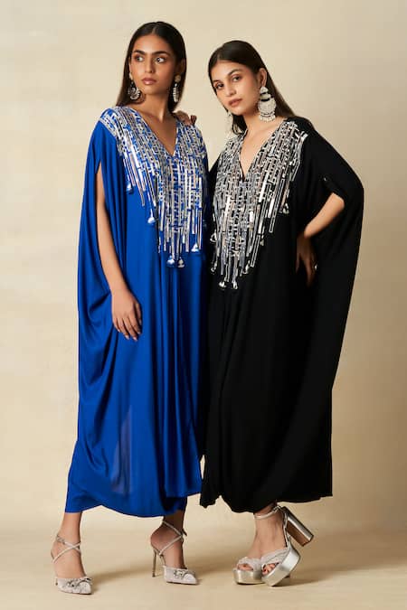 Gulabo By Abu Sandeep_Blue Rayon Embroidery V-neck Geometric Pattern Yoke Kaftan _Online_at_Aza_Fashions