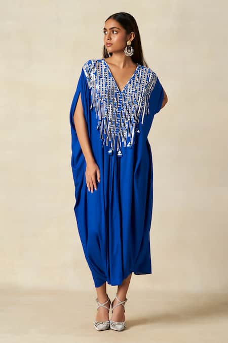 Buy_Gulabo By Abu Sandeep_Blue Rayon Embroidery V-neck Geometric Pattern Yoke Kaftan _Online_at_Aza_Fashions