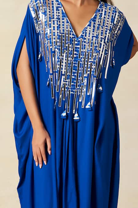 Shop_Gulabo By Abu Sandeep_Blue Rayon Embroidery V-neck Geometric Pattern Yoke Kaftan _Online_at_Aza_Fashions