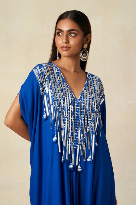 Buy_Gulabo By Abu Sandeep_Blue Rayon Embroidery V-neck Geometric Pattern Yoke Kaftan 