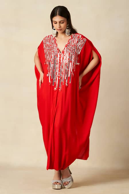 Gulabo By Abu Sandeep_Red Rayon Embroidery V-neck Geometric Yoke Kaftan _Online_at_Aza_Fashions