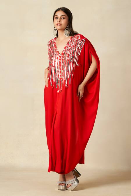 Buy_Gulabo By Abu Sandeep_Red Rayon Embroidery V-neck Geometric Yoke Kaftan _Online_at_Aza_Fashions